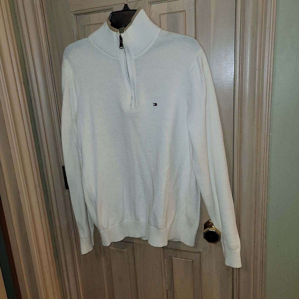 Mens Sz S Tommy Hilfiger Off White 1/4 Zip Up Sweater Tan Trim